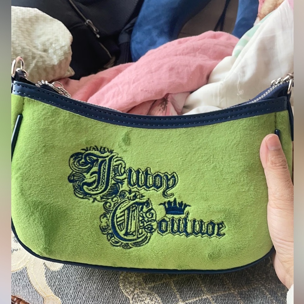Juicy Couture Lime Green Suede Mini Shoulder Bag with Navy Trim